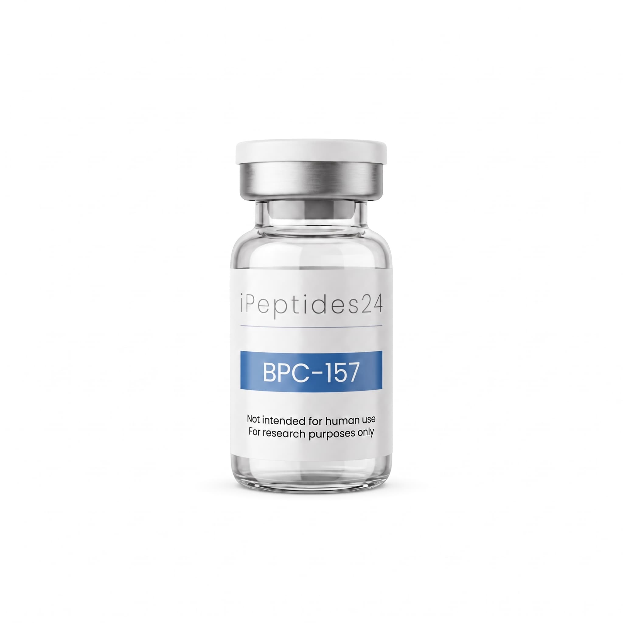 Clear glass vial with a white cap, the blue band on its label reading “BPC-157”.