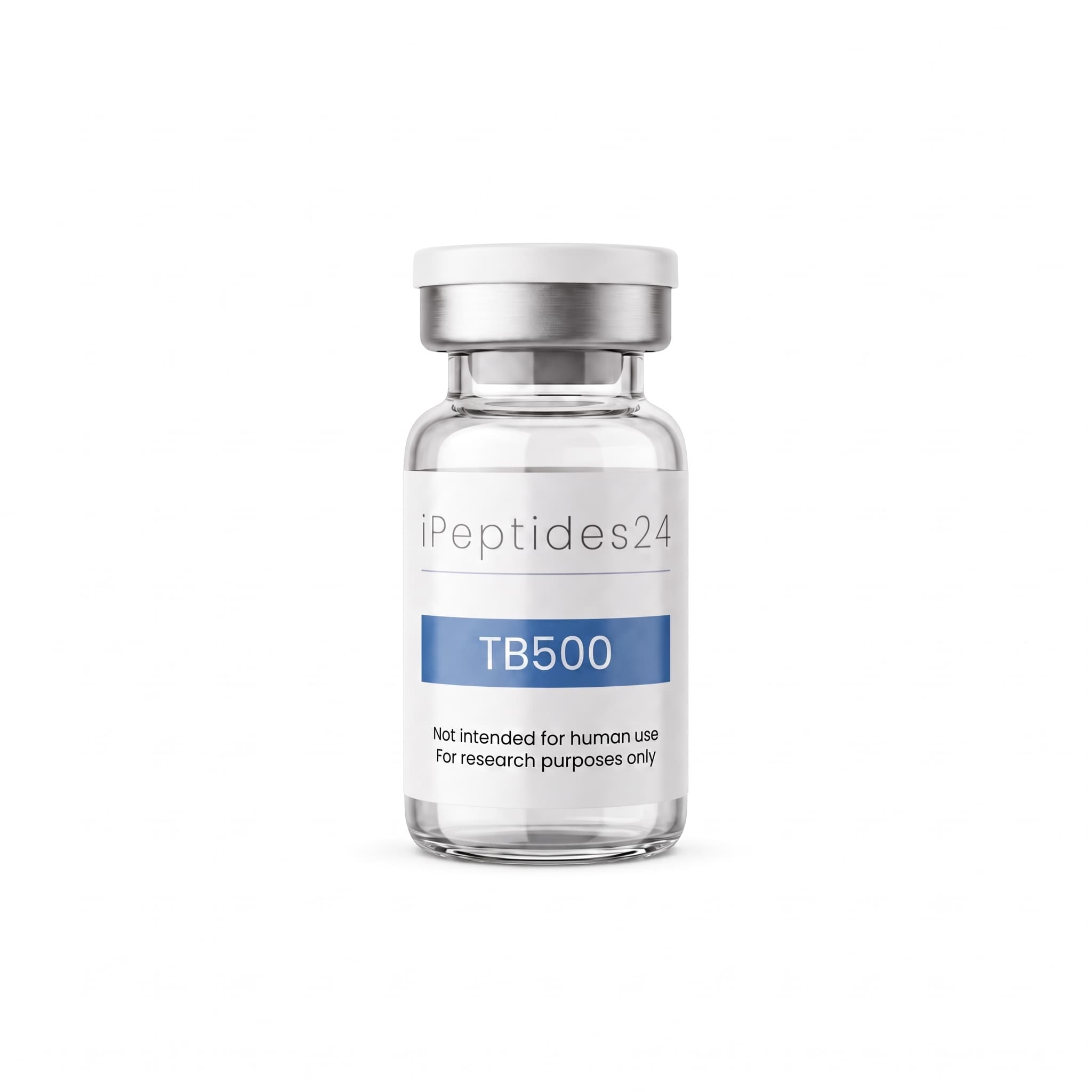 Clear glass vial with a white cap, the blue band on its label reading “TB500”.