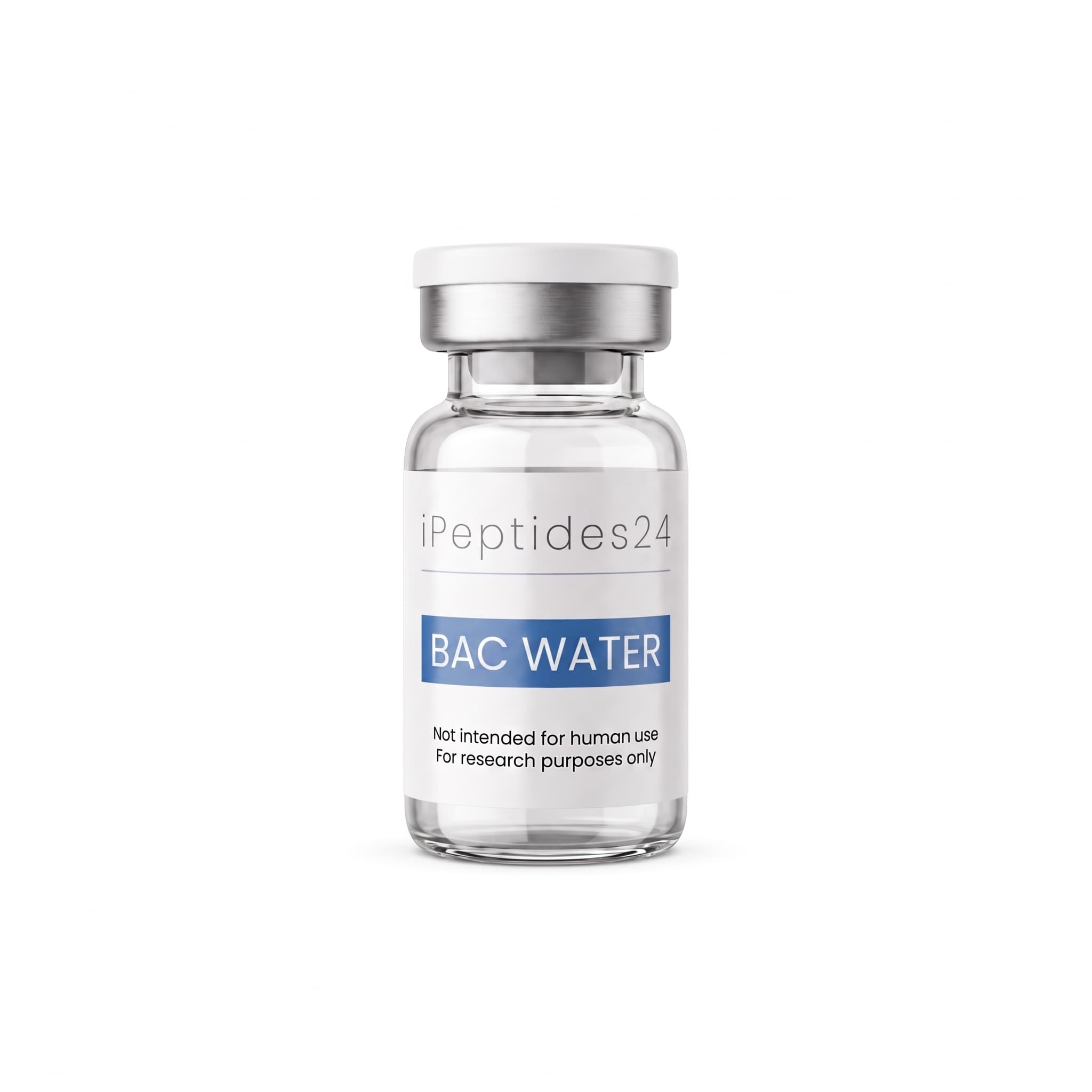 Clear glass vial with a white cap, the blue band on its label reading “BAC WATER”.